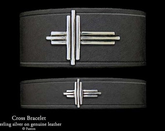 Cross Leather Bracelet Sterling Silver Cross on Leather Bracelet