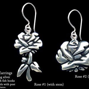 Rose Flower Earrings Sterling Silver Hand Carved & Cast Fish Hook or Post image 3