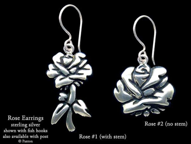 Rose Flower Earrings Sterling Silver Hand Carved & Cast Fish Hook or Post image 3