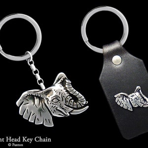 Elephant Head Keychain / Keyring all Sterling Silver or Elephant on Genuine Leather Key Fob