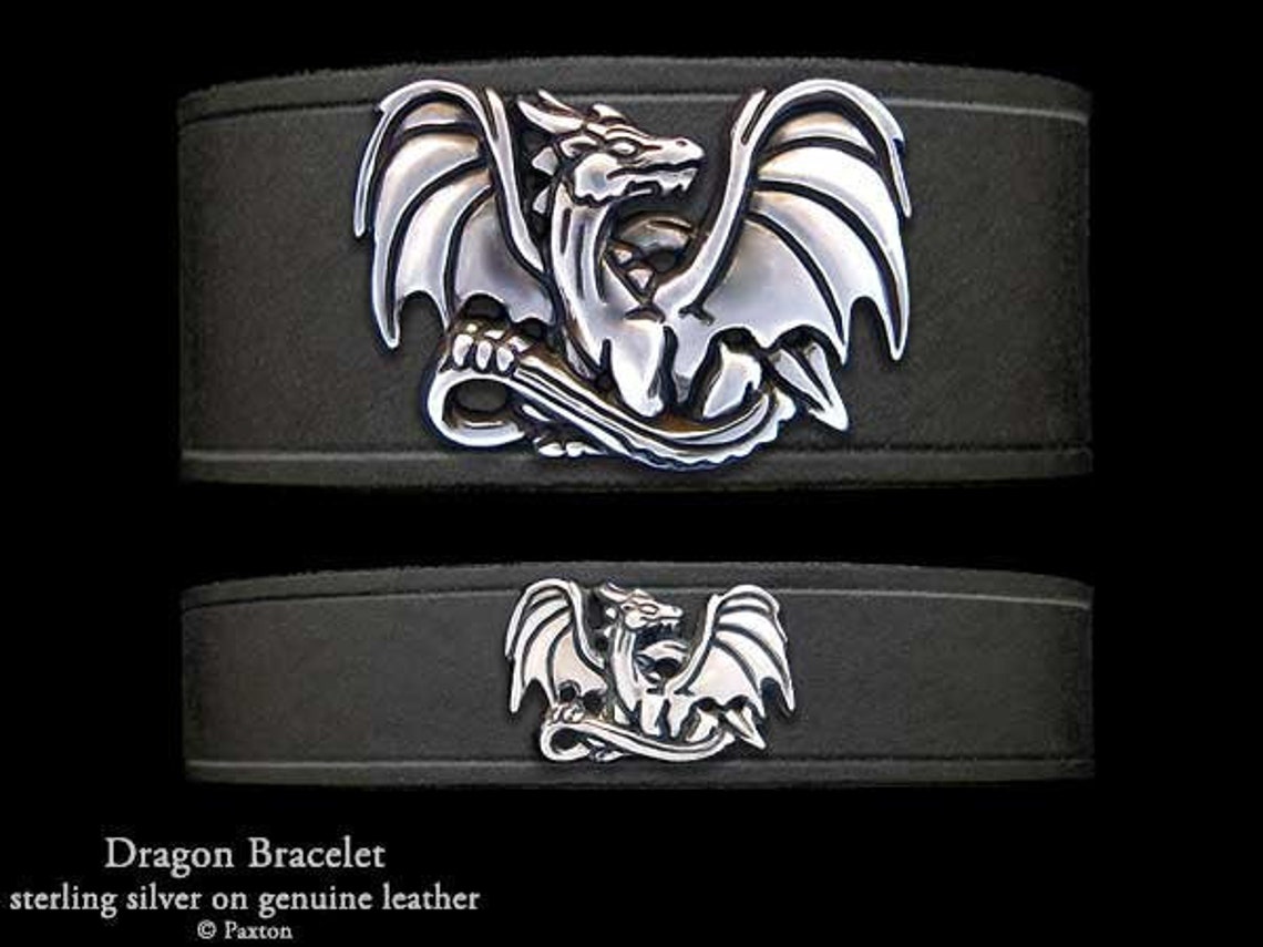 Dragon Leather Bracelet Sterling Silver Dragon on Leather Etsy