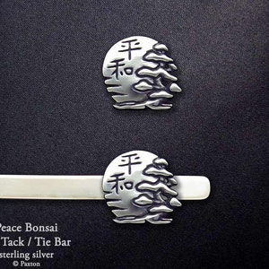 Peace Bonsai with Sun Tie Tack or Peace Bonsai Tie Bar / Tie Clip Sterling Silver Japanese Kanji