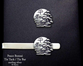 Peace Bonsai with Sun Tie Tack or Peace Bonsai Tie Bar / Tie Clip Sterling Silver Japanese Kanji