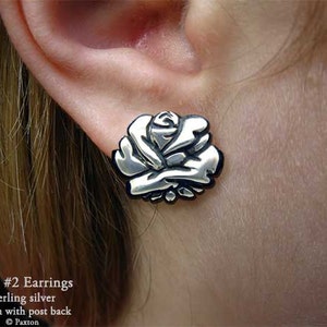 Rose Flower Earrings Sterling Silver Hand Carved & Cast Fish Hook or Post image 2