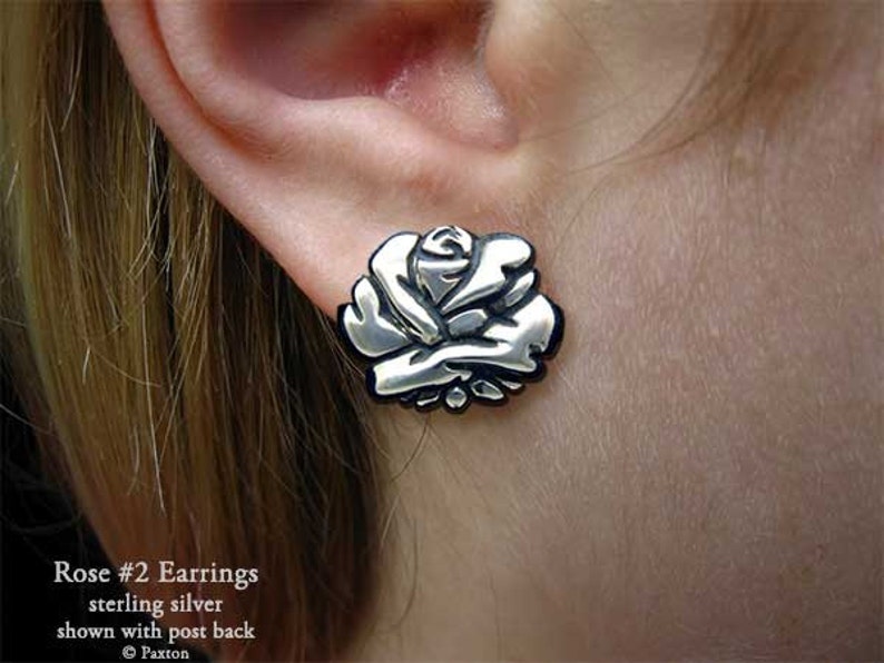 Rose Flower Earrings Sterling Silver Hand Carved & Cast Fish Hook or Post image 2