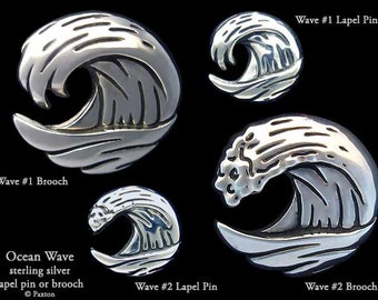 Pin de solapa de ola oceánica o broche de ola oceánica en plata de ley