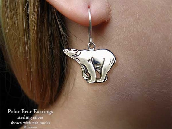 Polar Bear Earrings Sterling Silver Hand Carved & Cast Fish Hook
