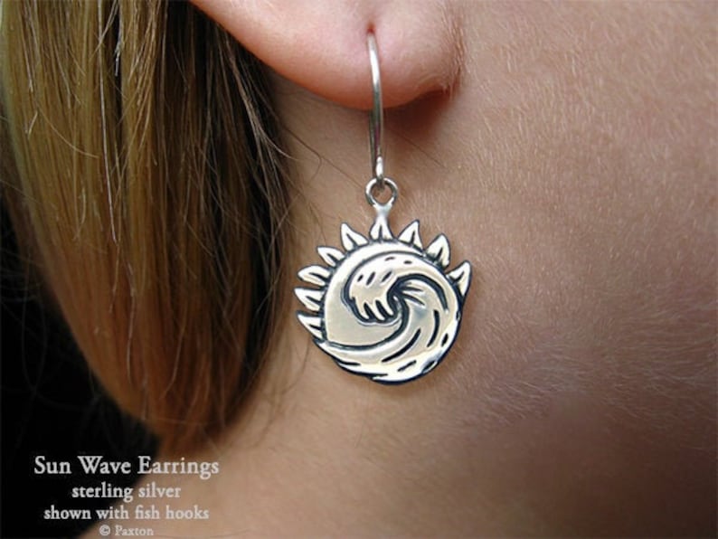 Sun Wave Earrings Sterling Silver Hand Carved /& Cast Fish Hook or Post Ocean Wave Sun