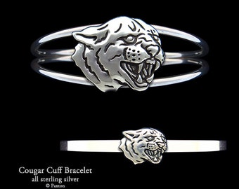 Cougar Bracelet Sterling Silver Cougar Puma Head Cuff Bracelet Handmade