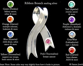 Awareness Ribbon Brooch Pin Sterling Silver Breast Cancer Ribbon Brooch Pin, Diabetes Ribbon Brooch Pin, AIDS Ribbon Brooch Pin & More