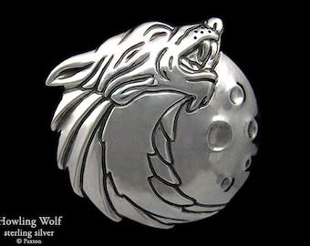 Howling Wolf Belt Buckle Sterling Silver or Yellow Brass with Moon