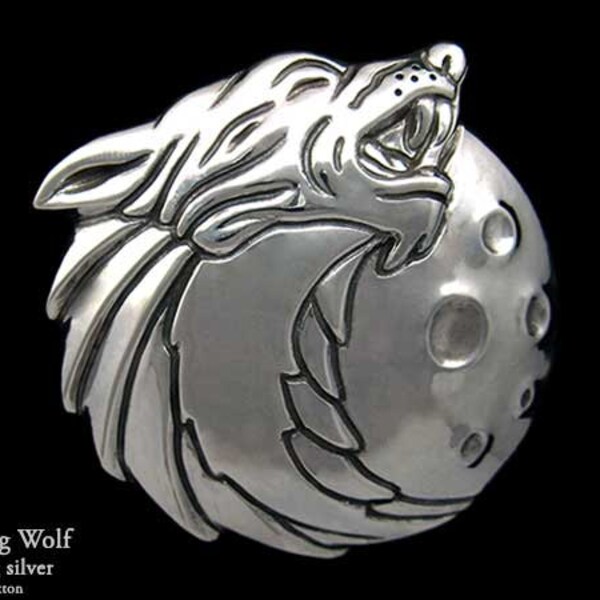 Howling Wolf Belt Buckle Sterling Silver or Yellow Brass with Moon