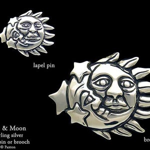 Sun Moon Lapel Pin or Sun Moon Brooch Sterling Silver