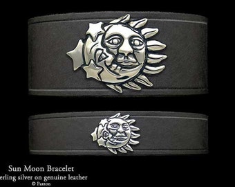 Sun Moon Leather Bracelet Sterling Silver Sun Moon on Leather Bracelet