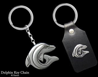 Dolphin Keychain / Keyring all Sterling Silver or Dolphin on Genuine Leather Key Fob