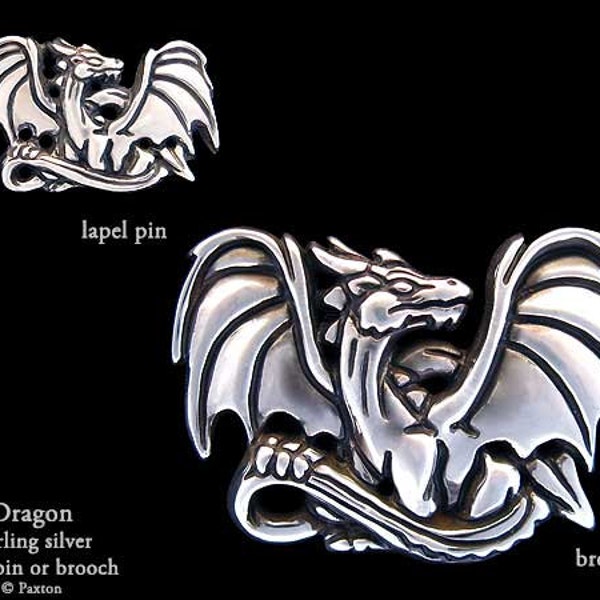 Pin de solapa de dragón o broche de dragón de plata de ley