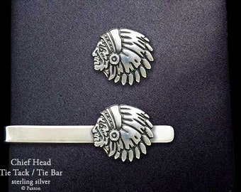 Indian Chief Head Tie Tack or Indian Chief Head Tie Bar / Tie Clip Sterling Silver