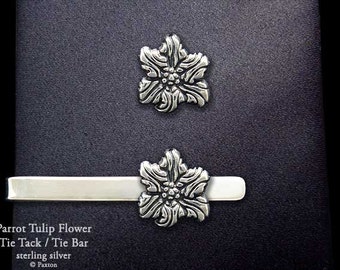 Parrot Tulip Flower Tie Tack or Parrot Tulip Flower Tie Bar / Tie Clip Sterling Silver