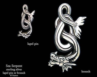 Sea Serpent Lapel Pin or Sea Serpent Brooch Sterling Silver