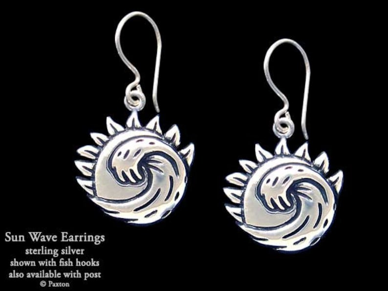 Sun Wave Earrings Sterling Silver Hand Carved /& Cast Fish Hook or Post Ocean Wave Sun