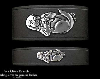 Sea Otter Leather Bracelet Sterling Silver Sea Otter on Leather Bracelet