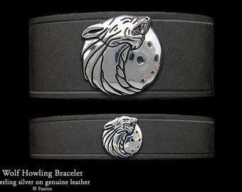 Wolf Howling Leather Bracelet Sterling Silver Wolf Head on Leather Bracelet
