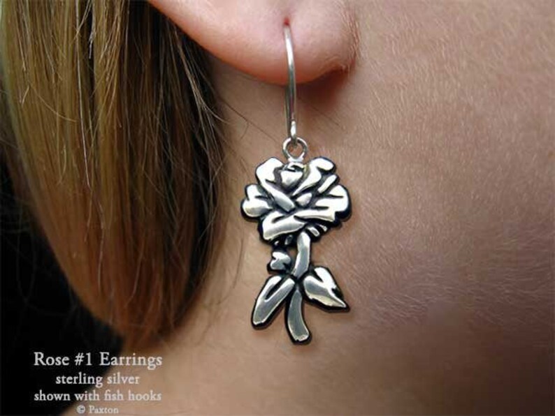 Rose Flower Earrings Sterling Silver Hand Carved & Cast Fish Hook or Post image 1