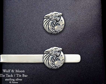 Wolf Head Tie Tack or Wolf Head Tie Bar / Tie Clip Sterling Silver Wolf Howling with Moon