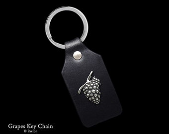 Grape Keychain / Keyring Sterling Silver Wine Grapes on Genuine Leather Key Fob Grape Vine Wine Key Ring