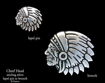 Chief Indian Head Lapel Pin or Indian Chief Brooch Sterling Silver
