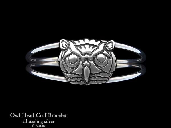 Owl Bracelet Sterling Silver Owl Head Cuff Bracelet Handmade