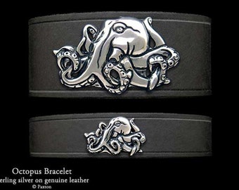 Octopus Leather Bracelet Sterling Silver Octopus on Leather Bracelet