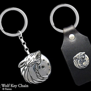 Wolf Head Keychain / Keyring all Sterling Silver or Wolf Howling with Moon on Genuine Leather Key Fob