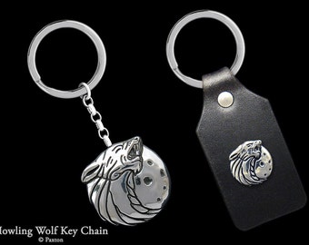 Wolf Head Keychain / Keyring all Sterling Silver or Wolf Howling with Moon on Genuine Leather Key Fob