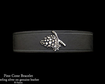 Pine Cone Leather Bracelet Sterling Silver Pinecone on Leather Bracelet