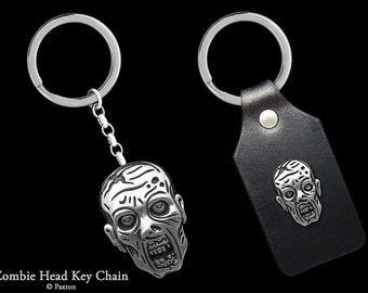 Zombie Head Keychain / Keyring all Sterling Silver or Zombie Walker on Genuine Leather Key Fob
