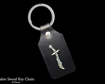 Sword Keychain / Keyring Sterling Silver Fantasy Saber Sword on Genuine Leather Key Fob
