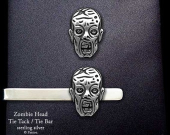 Zombie Head Tie Tack or Zombie Head Tie Bar / Tie Clip Sterling Silver