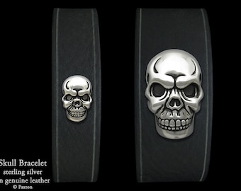 Skull Leather Bracelet Sterling Silver Skull on Leather Bracelet Wide and Thin Gothic Bracelet