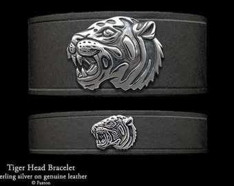 Tiger Head Leather Bracelet Sterling Silver Tiger Head on Leather Bracelet