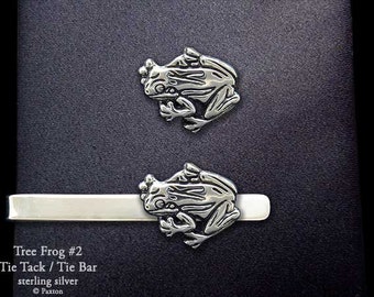 Tree Frog 2 Tie Tack or Tree Froig 2 Tie Bar / Tie Clip Sterling Silver