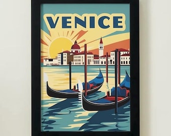 Venice Travel Poster – Vintage Italy Wall Art Print, Gondola Sunset Illustration, Retro European City Decor, Italian Travel Gift