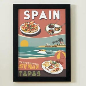 Spain Tapas Travel Poster – Vintage Spanish Food Wall Art, Retro Mediterranean Kitchen Decor, Traditional Spain Illustration Print
