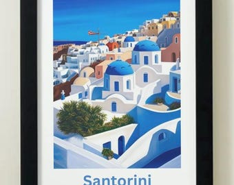 Póster de viaje A3 de Santorini, Grecia: impresión minimalista de arte mural, decoración de isla griega, ilustración de paisaje costero, estética mediterránea.