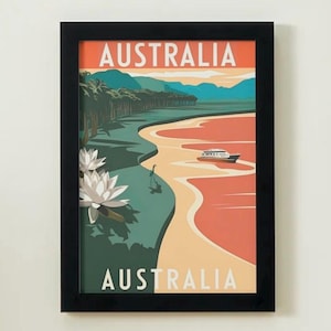 Vintage Australien Reiseplakat | Retro Strand Landschaft Wand Kunst | Küsten Ozean Poster | Australischer Tourismus Dekor | Fernweh Geschenk