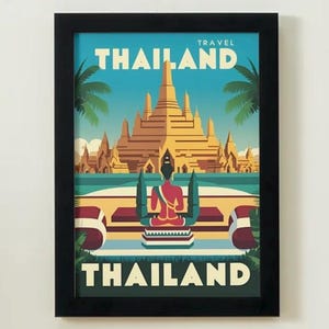 Vintage Thailand Travel Poster – Retro Temple Wall Art Print | Thai Buddha Artwork | Tropical Southeast Asia Decor | Wanderlust Gift for Tra