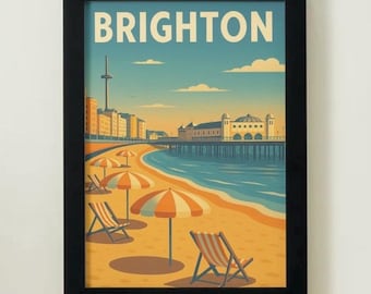 Brighton Travel Poster Print – Vintage Style Wall Art of Brighton Pier and Beach, Retro Seaside Decor, UK Coastal Illustration, Gift for Tra