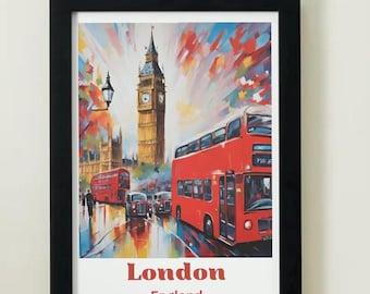 Poster di viaggio di Londra - Stampa artistica da parete vintage, Skyline di Londra, Decorazione di viaggio nel Regno Unito, Illustrazione di architettura britannica, Regalo di Londra.