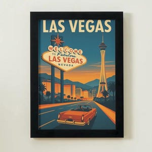 Poster di viaggio di Las Vegas - Stampa artistica da parete retrò vintage, decorazione per viaggio in Nevada, cartello "Benvenuti nella favolosa Las Vegas", illustrazione in stile metà secolo