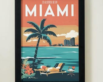Miami Reiseplakat A3 - Retro Wand Kunst Druck, Florida Beach Stadtansicht, lebhaftes Küstendekor, Geschenk für Reisende, Miami Wandkunst